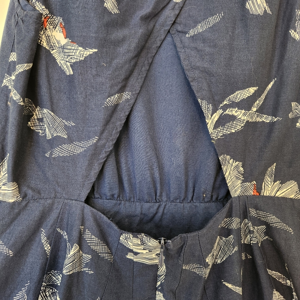 Lavand Navy Blue Dress White Orange Print Sleeveless Cutout Back Mini Medium - Picture 7 of 16